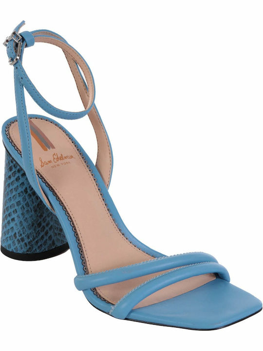 Sam Edelman Leather Women's Sandals with Ankle Strap Blue with Chunky High Heel