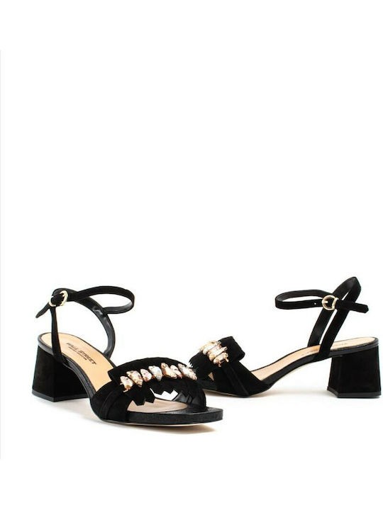 Wall Street Leather Women's Sandals with Ankle Strap Black with Thin Medium Heel