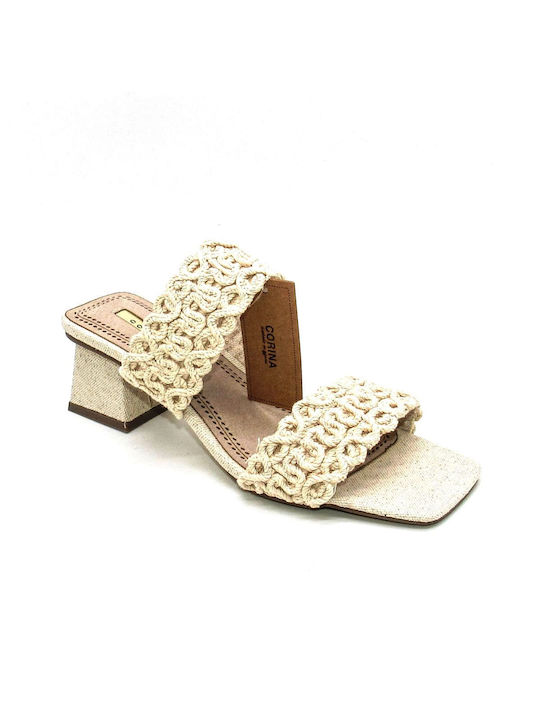 Corina Women's Sandals Beige with Chunky Medium Heel