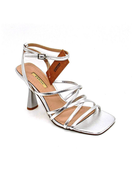 Corina Platform Women's Sandals with Ankle Strap Silver with Thin High Heel