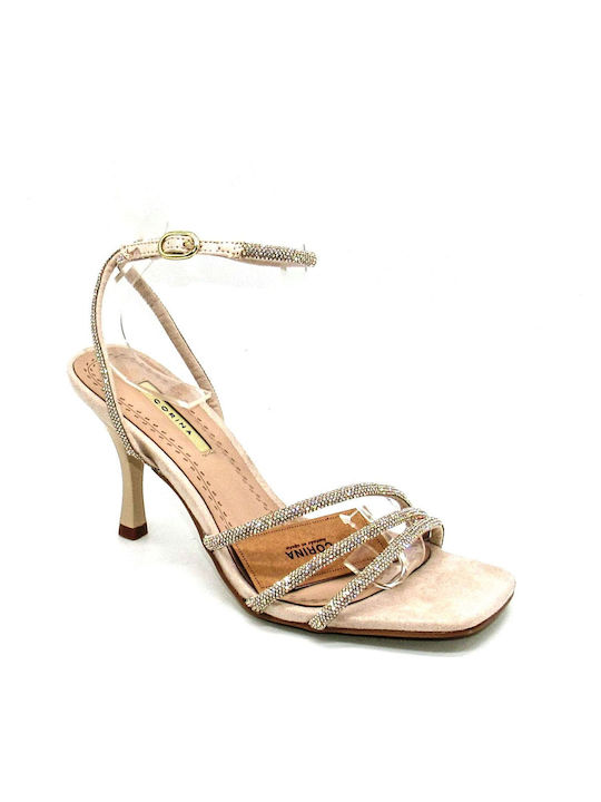 Corina Platform Women's Sandals with Strass Beige with Thin High Heel