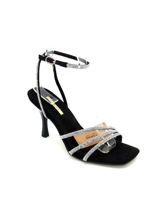 Corina Platform Women's Sandals with Strass Black with Thin High Heel