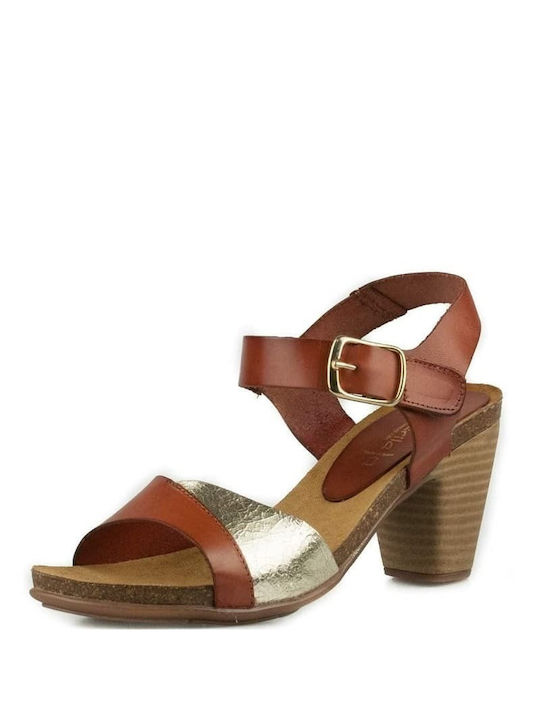 Marila Footwear Leather Women's Sandals Tabac Brown with Chunky Medium Heel