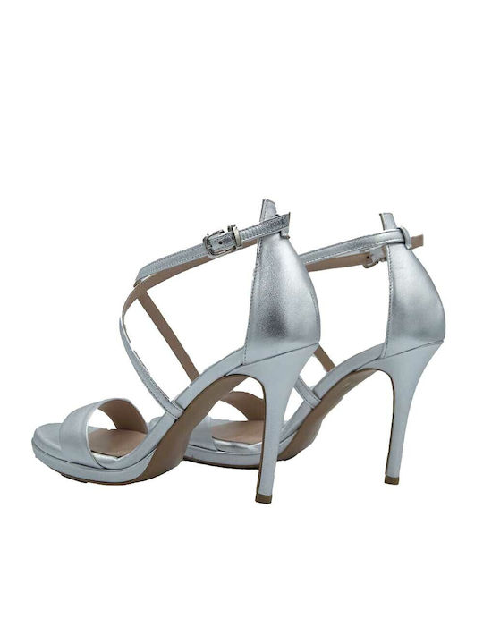 Nelly Leather Women's Sandals Silver with Thin High Heel 8099