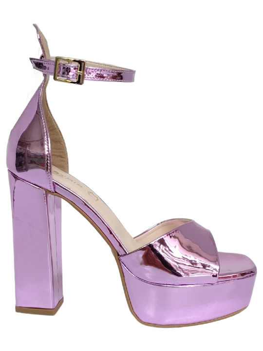 Beatris Synthetic Leather Women's Sandals with Ankle Strap Purple with Chunky High Heel