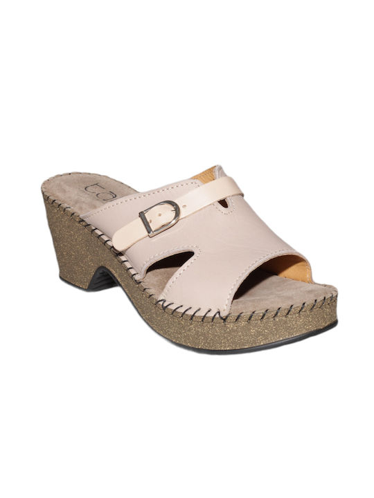 Tatoo Anatomic Platform Leather Women's Sandals Beige with Chunky Medium Heel