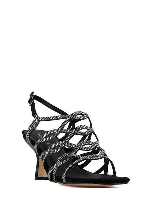 Azarey Leather Women's Sandals with Strass Black with Thin High Heel -NEGRO