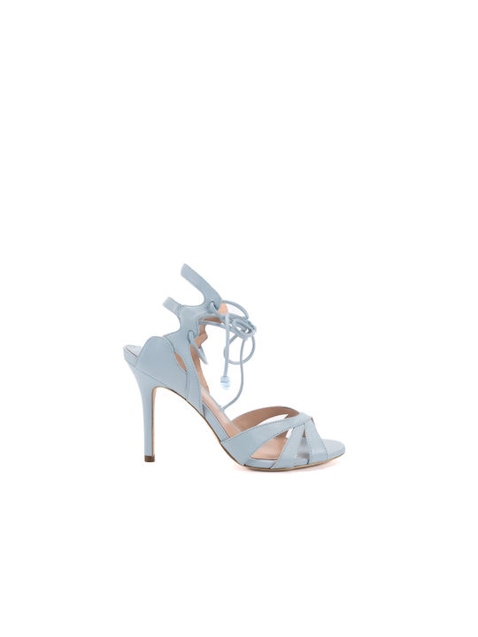 Gold&Rouge Leather Women's Sandals with Ankle Strap Light Blue with Thin High Heel