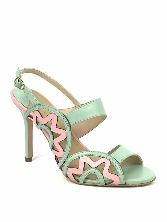 Gold&Rouge Leather Women's Sandals with Ankle Strap Green with Thin High Heel