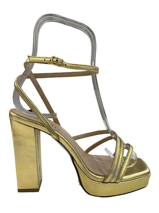 So Chic By Vsk Leder Damen Sandalen mit Chunky hohem Absatz in Gold Farbe