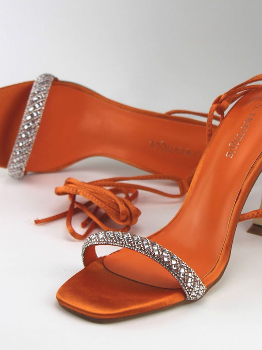 Diamantique Women's Sandals with Strass & Laces Orange with Chunky High Heel