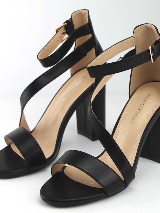 Diamantique Synthetic Leather Women's Sandals with Ankle Strap Black with Chunky High Heel