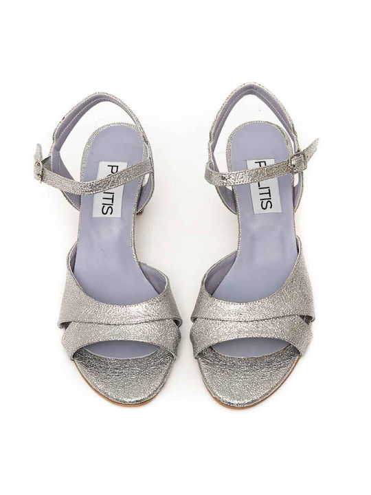 Politis shoes Anatomic Leather Women's Sandals Silver with Chunky Medium Heel