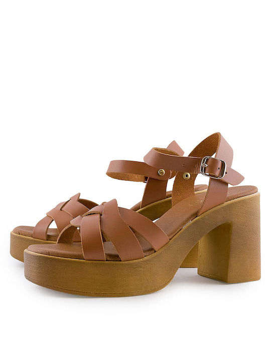 Love4shoes Damen Sandalen mit Chunky hohem Absatz in Tabac Braun Farbe