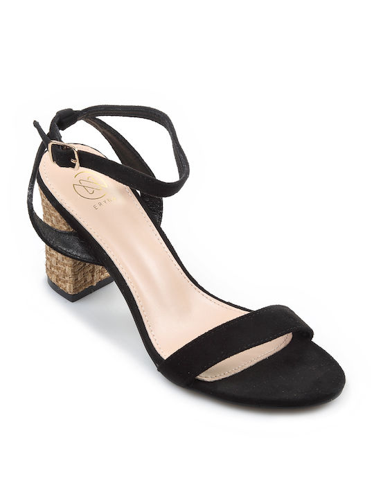 Fshoes Suede Women's Sandals with Ankle Strap Black with Chunky High Heel