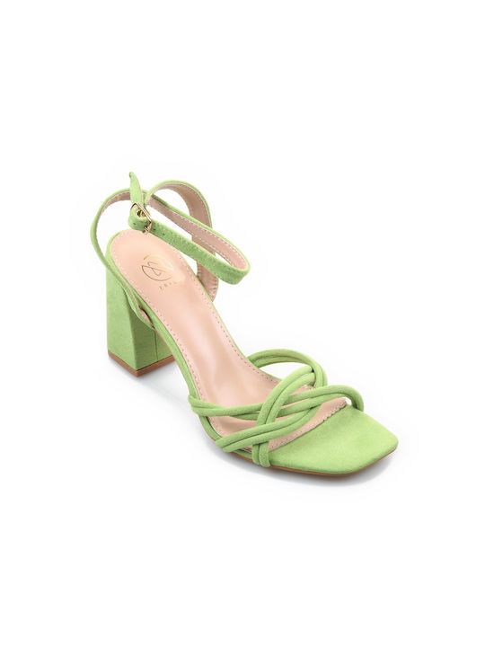 Fshoes Catifea Sandale dama cu Gros Toc Inalt in Culorea Verde