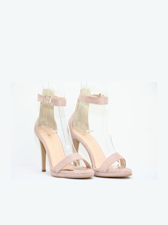 Irene Suede Women's Sandals with Ankle Strap Beige with Thin High Heel