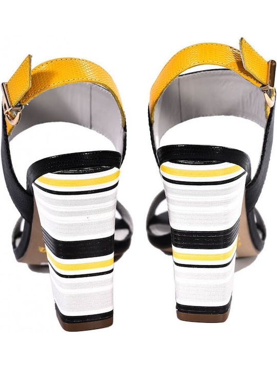 Devina Leather Women's Sandals with Ankle Strap Yellow with Chunky High Heel