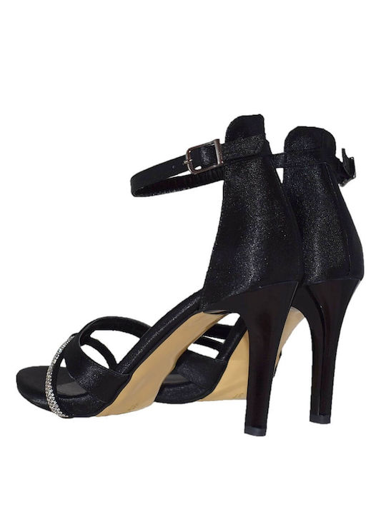 Papadimas Platform Fabric Women's Sandals with Strass & Ankle Strap Black with Chunky High Heel