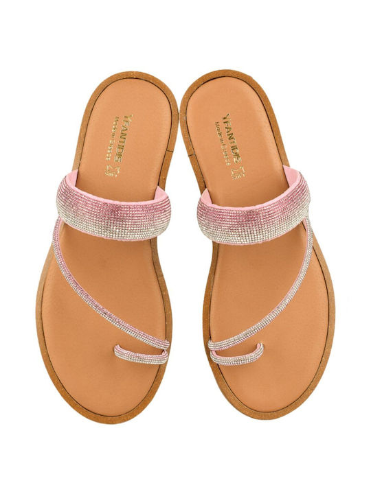 Yfantidis Leather Women's Flat Sandals in Pink Color