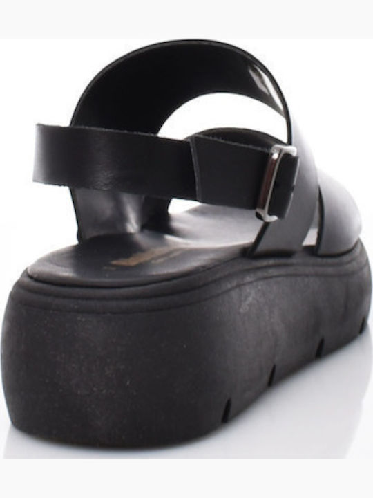 04V1604 Δερμάτινα Γυναικεία Σανδάλια Flatforms Μαύρα