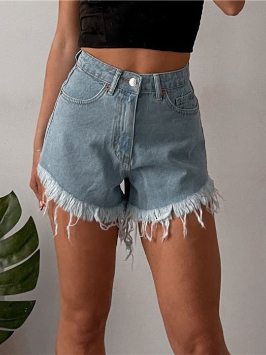 High-waisted denim shorts with frayed edges (Blue)