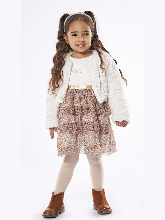 Evita Kids Dress Set with Coat Animal Print Short Sleeve White