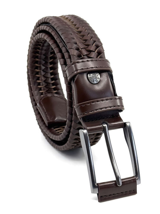 Elastic Men's Belt Leather Knitted Brown