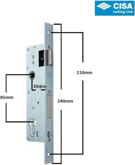 Cisa Recessed Lock Front door with Cylinder and Center 35mm Silver