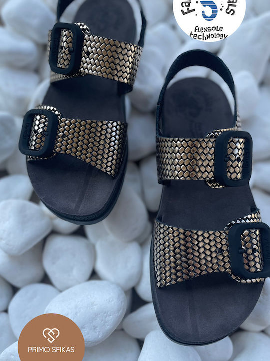 Leather Women's Flat Sandals with Strap in Gold Color