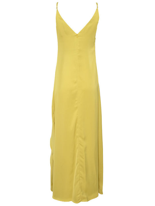 Forel Summer Maxi Dress Satin with Ruffle Yellow