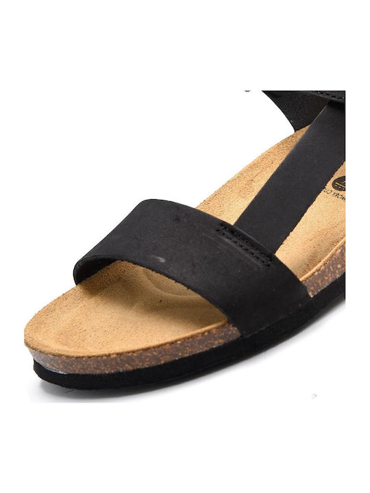 Leather Women's Flat Sandals with Strap in Black Color