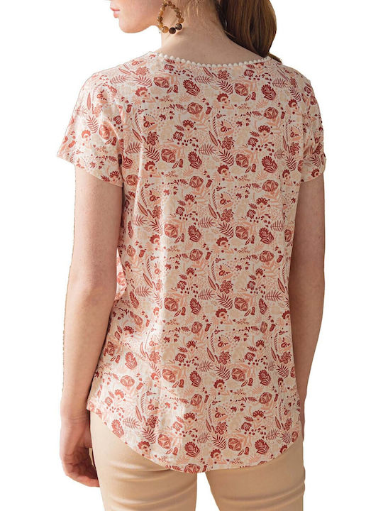 C'est Beau La Vie Damen T-shirt mit V-Ausschnitt Blumen Rosa