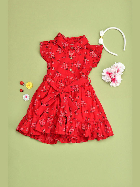 Potre Mädchen Kleid Blumen Kurzärmelig Rot