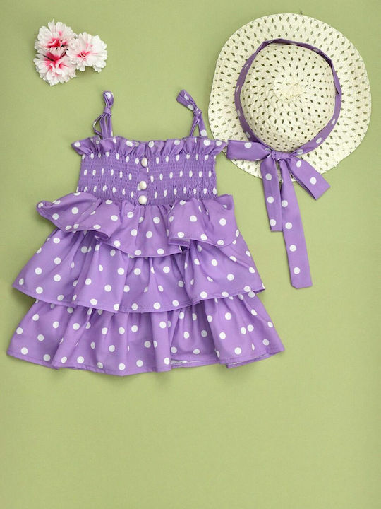 Children's Dress Sleeveless Polka Dot Set with Accessories Purple
