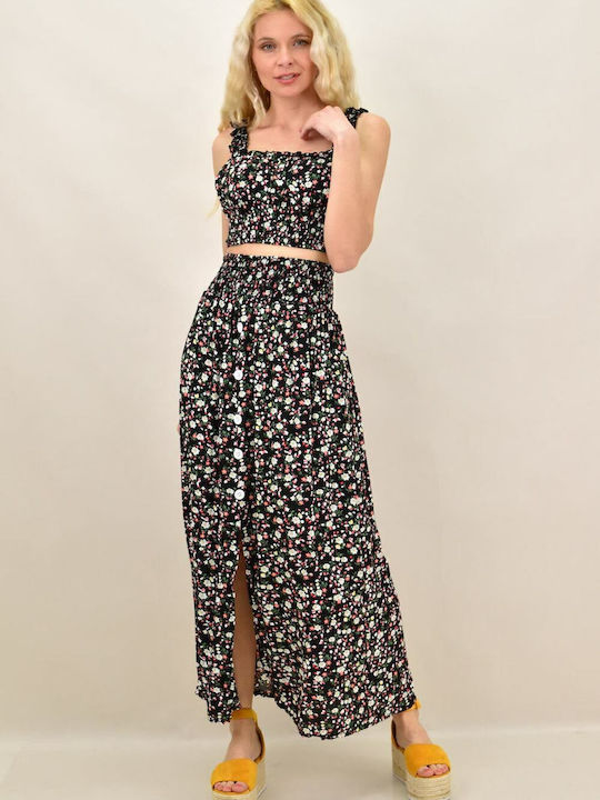 Set with High-waisted Midi Skirt Floral Black