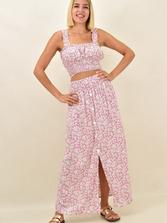 Potre Set with High Waist Midi Skirt Floral in Pink color