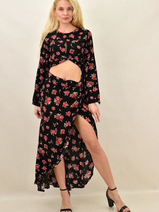 Set mit Hoch tailliert Maxi Rock Blumen Schwarz