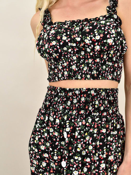 Set with High-waisted Midi Skirt Floral Black