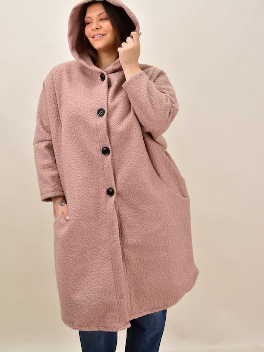 Potre Women's Curly Midi Coat with Buttons and Hood Pink