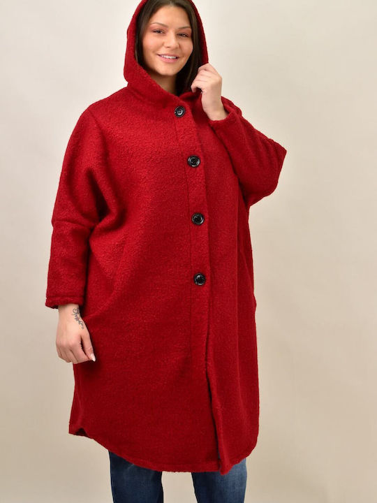 Potre Women's Curly Midi Coat with Buttons and Hood Red