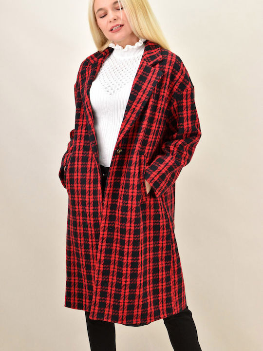 Potre Women's Checked Midi Coat with Buttons Red