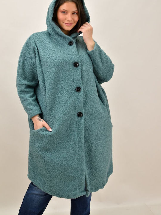 Potre Women's Curly Midi Coat with Buttons and Hood Green