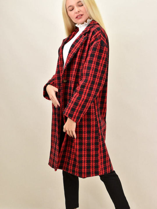 Women's Checked Red Coat with Buttons