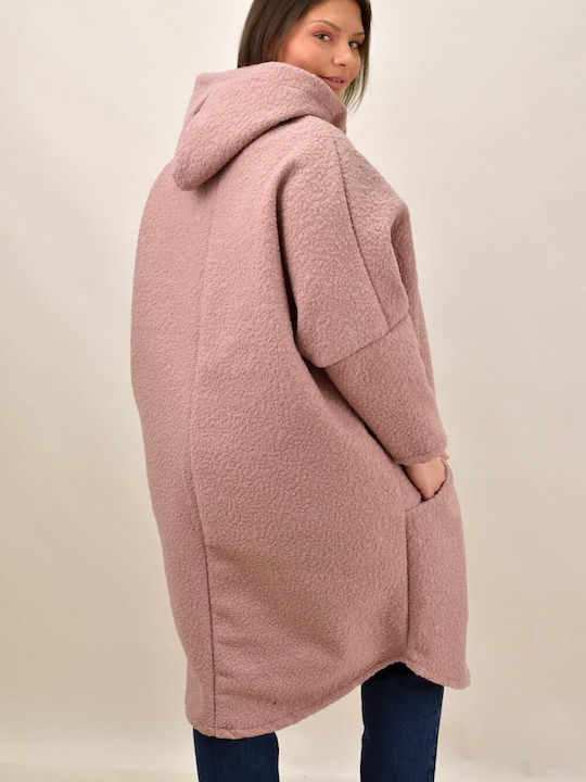 Μπουκλέ Γυναικείο Ροζ Παλτό Oversized με κουκούλα
