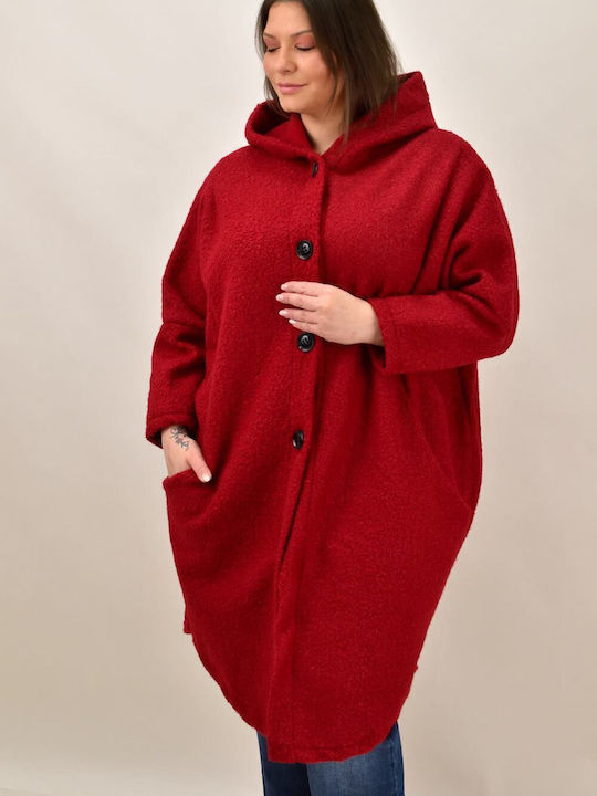Μπουκλέ Γυναικείο Κόκκινο Παλτό Oversized με κουκούλα