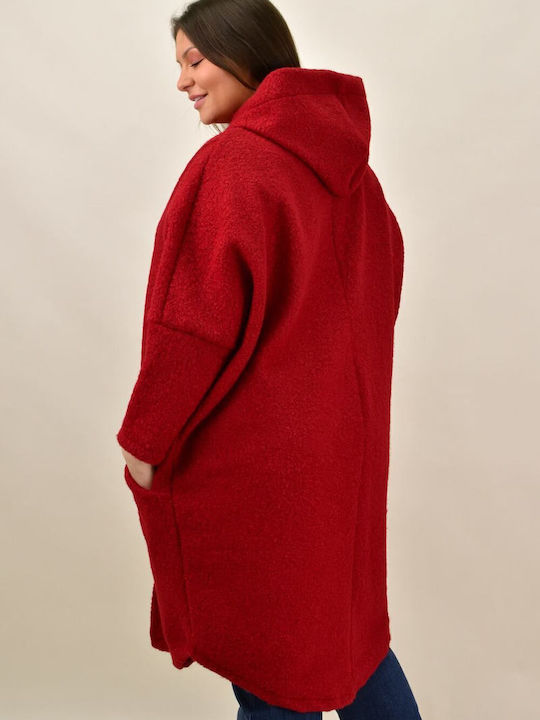 Μπουκλέ Γυναικείο Κόκκινο Παλτό Oversized με κουκούλα