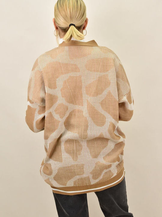 Long Women's Knitted Cardigan with Buttons Beige