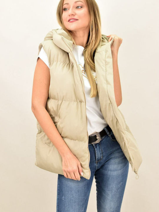 Potre Women's Short Puffer Jacket for Winter with Hood Beige