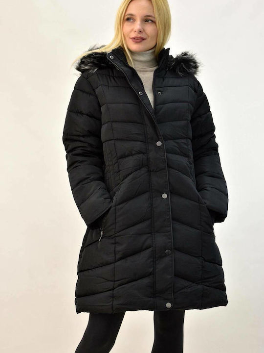 Potre Women's Long Puffer Jacket for Winter with Detachable Hood Black